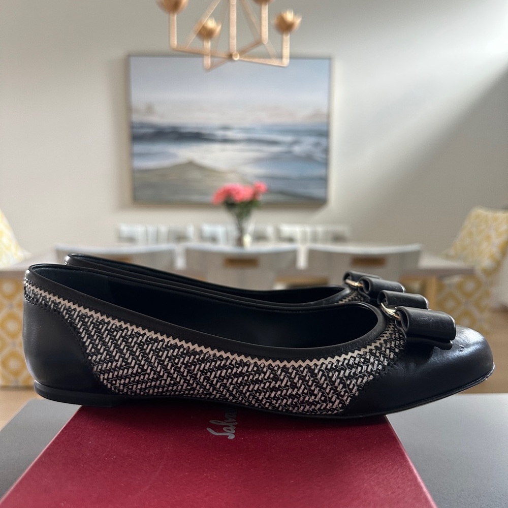 Ferragamo Varina L. Ballett Flat.  Woven black and white leather. Size 6 B.